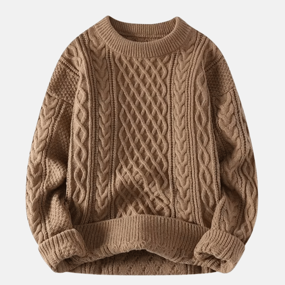 Męski Sweter z Warkoczami Okrągły Dekolt Luźny Krój