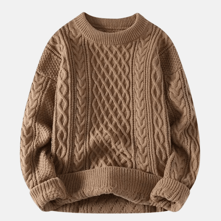 Męski Sweter z Warkoczami Okrągły Dekolt Luźny Krój