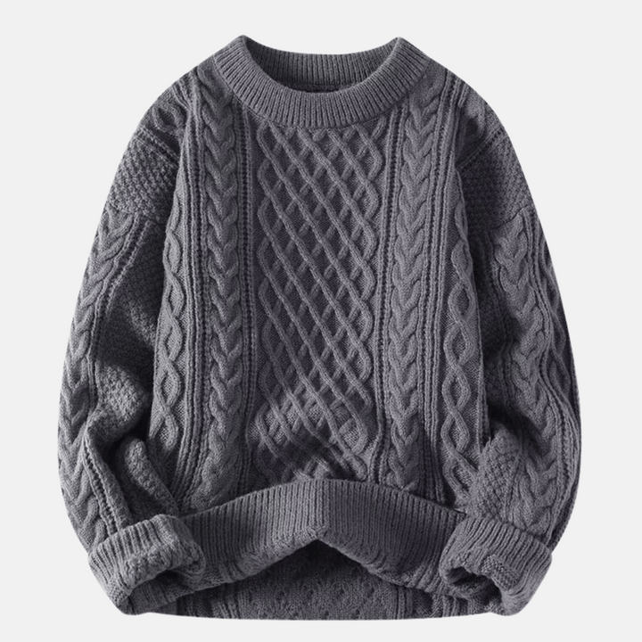 Męski Sweter z Warkoczami Okrągły Dekolt Luźny Krój