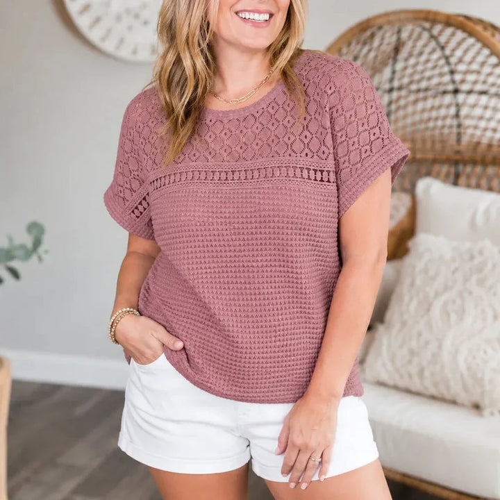 Wearbella – Otwarty Szydełkowany Top z Krótkim Rękawem, Waflowy Tekstura Bluzka Wiosna Lato dla Kobiet