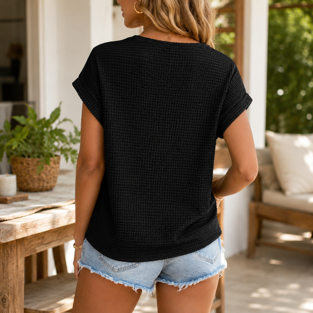 Wearbella – Otwarty Szydełkowany Top z Krótkim Rękawem, Waflowy Tekstura Bluzka Wiosna Lato dla Kobiet