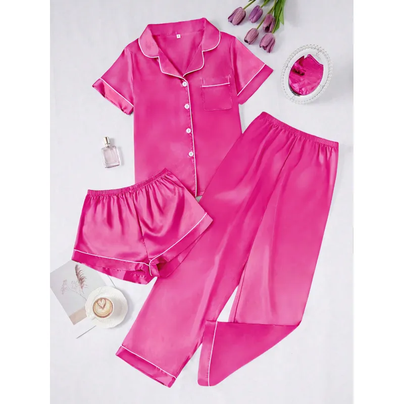 Damski 3-Częściowy Satynowy Komplet Piżamy z Szortami i Spodniami