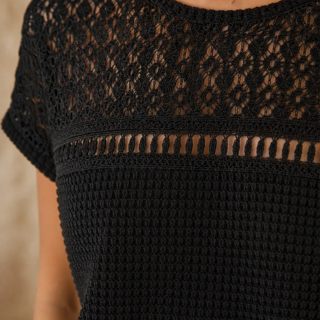 Wearbella – Otwarty Szydełkowany Top z Krótkim Rękawem, Waflowy Tekstura Bluzka Wiosna Lato dla Kobiet