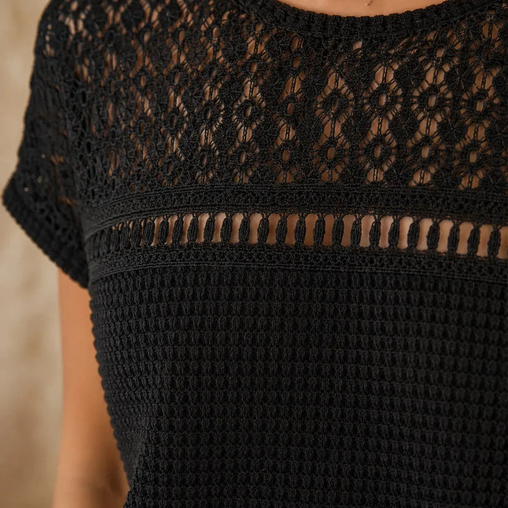 Wearbella – Otwarty Szydełkowany Top z Krótkim Rękawem, Waflowy Tekstura Bluzka Wiosna Lato dla Kobiet