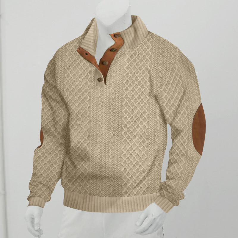 Męski Sweter Henley ze Splotem w Warkocze i Skórzanymi Detalami