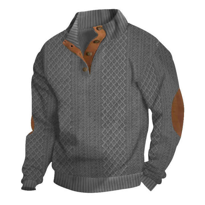 Męski Sweter Henley ze Splotem w Warkocze i Skórzanymi Detalami