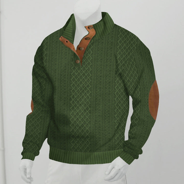 Męski Sweter Henley ze Splotem w Warkocze i Skórzanymi Detalami