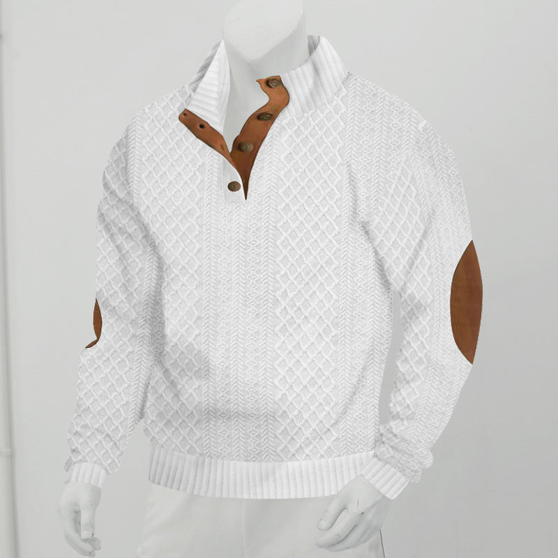 Męski Sweter Henley ze Splotem w Warkocze i Skórzanymi Detalami