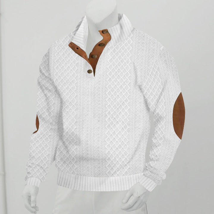 Męski Sweter Henley ze Splotem w Warkocze i Skórzanymi Detalami