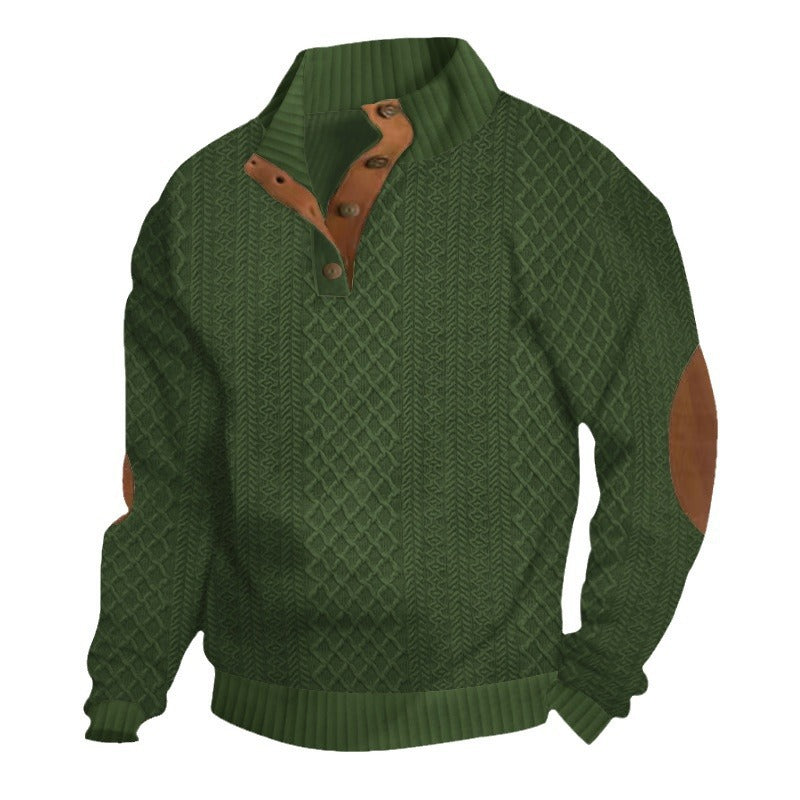Męski Sweter Henley ze Splotem w Warkocze i Skórzanymi Detalami