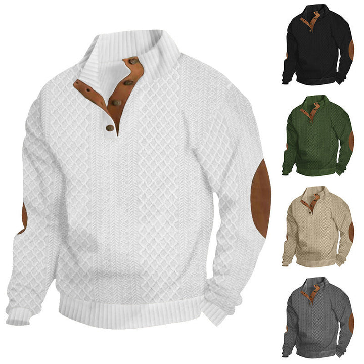 Męski Sweter Henley ze Splotem w Warkocze i Skórzanymi Detalami