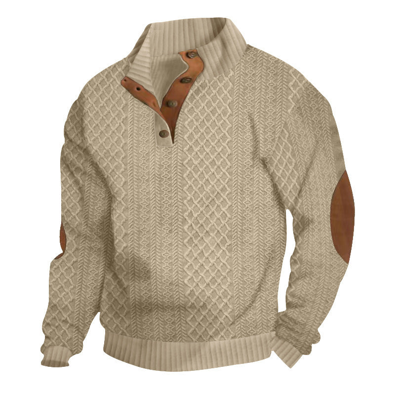 Męski Sweter Henley ze Splotem w Warkocze i Skórzanymi Detalami
