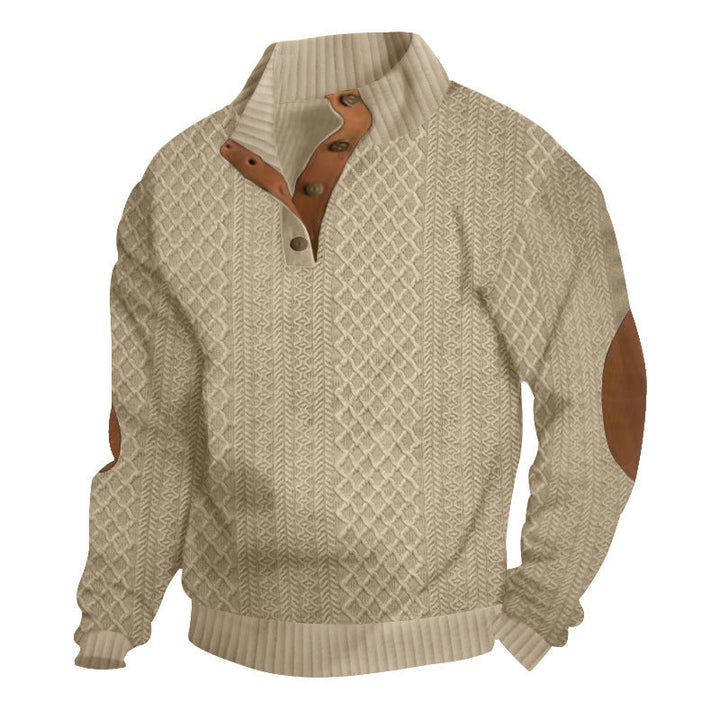 Męski Sweter Henley ze Splotem w Warkocze i Skórzanymi Detalami