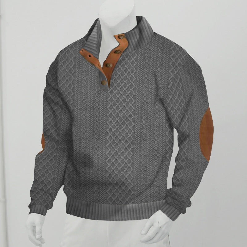 Męski Sweter Henley ze Splotem w Warkocze i Skórzanymi Detalami