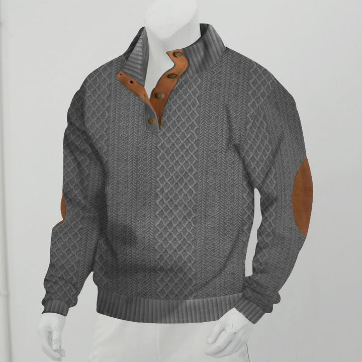 Męski Sweter Henley ze Splotem w Warkocze i Skórzanymi Detalami