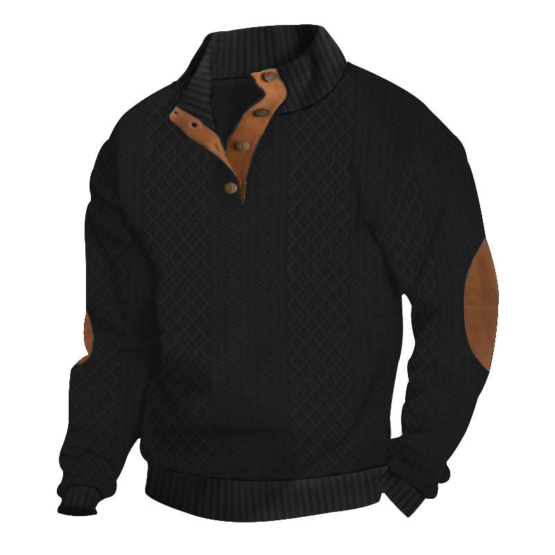 Męski Sweter Henley ze Splotem w Warkocze i Skórzanymi Detalami