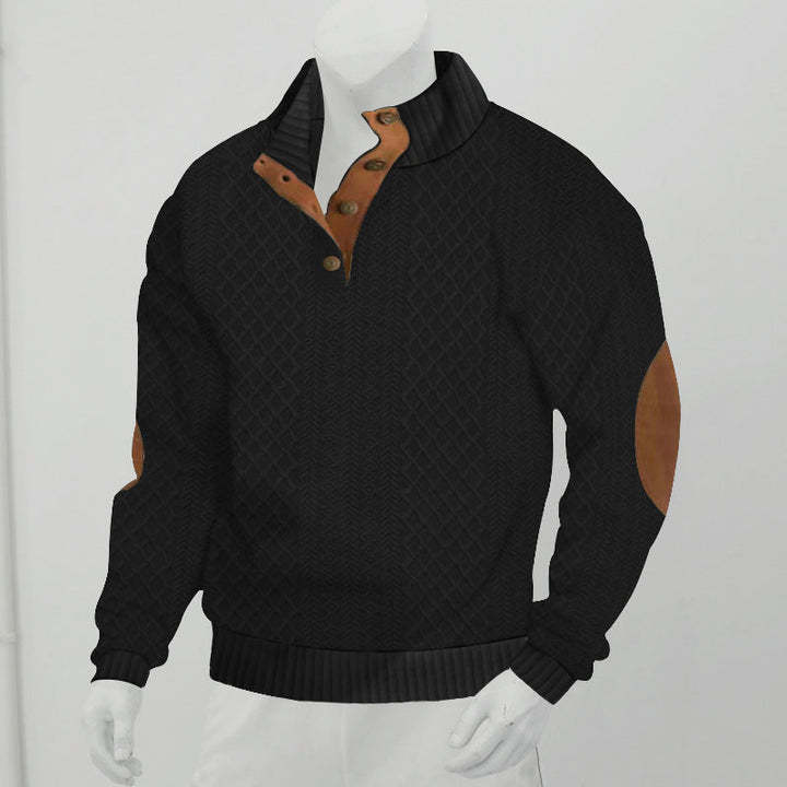 Męski Sweter Henley ze Splotem w Warkocze i Skórzanymi Detalami