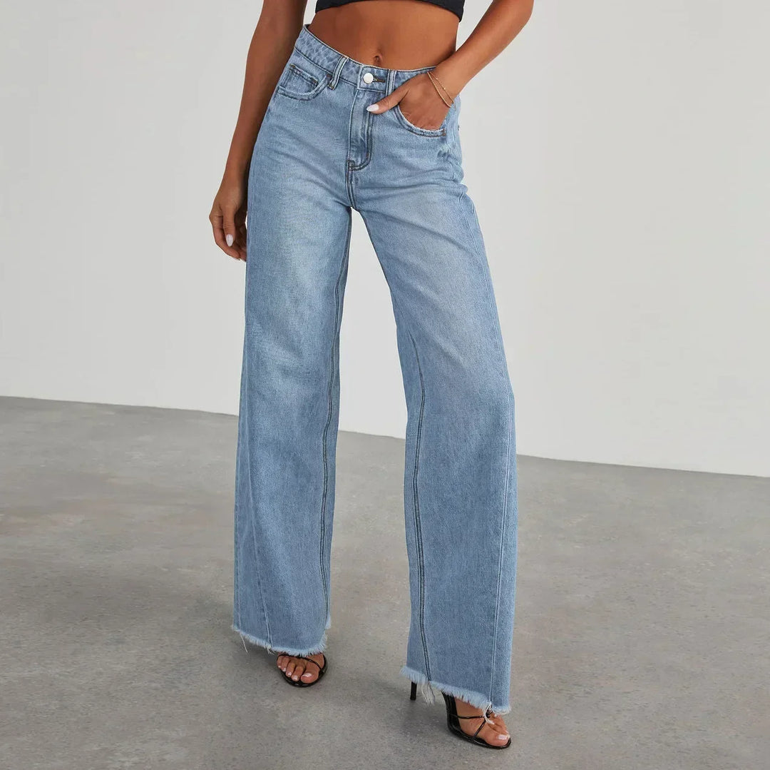 Mona | Stylowe szare jeansy damskie wide leg z nieobszytym dołem