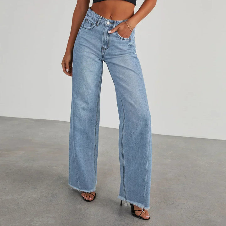 Mona | Stylowe szare jeansy damskie wide leg z nieobszytym dołem