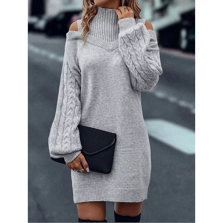 Winifred | Sweter Sukienka z Golfem i Odkrytymi Ramionami