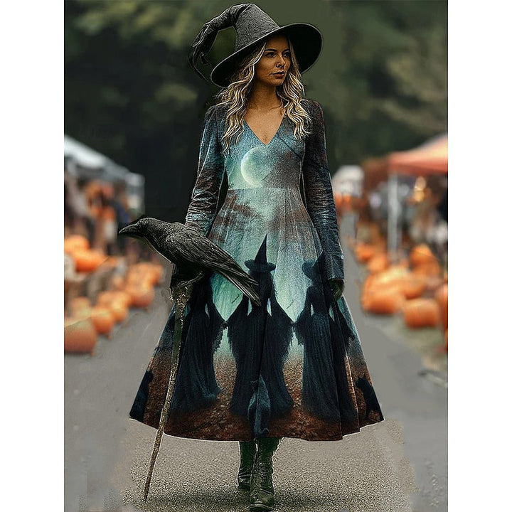 Maren | Halloween Heks Nadruk A-Lijn Maxi Sukienka