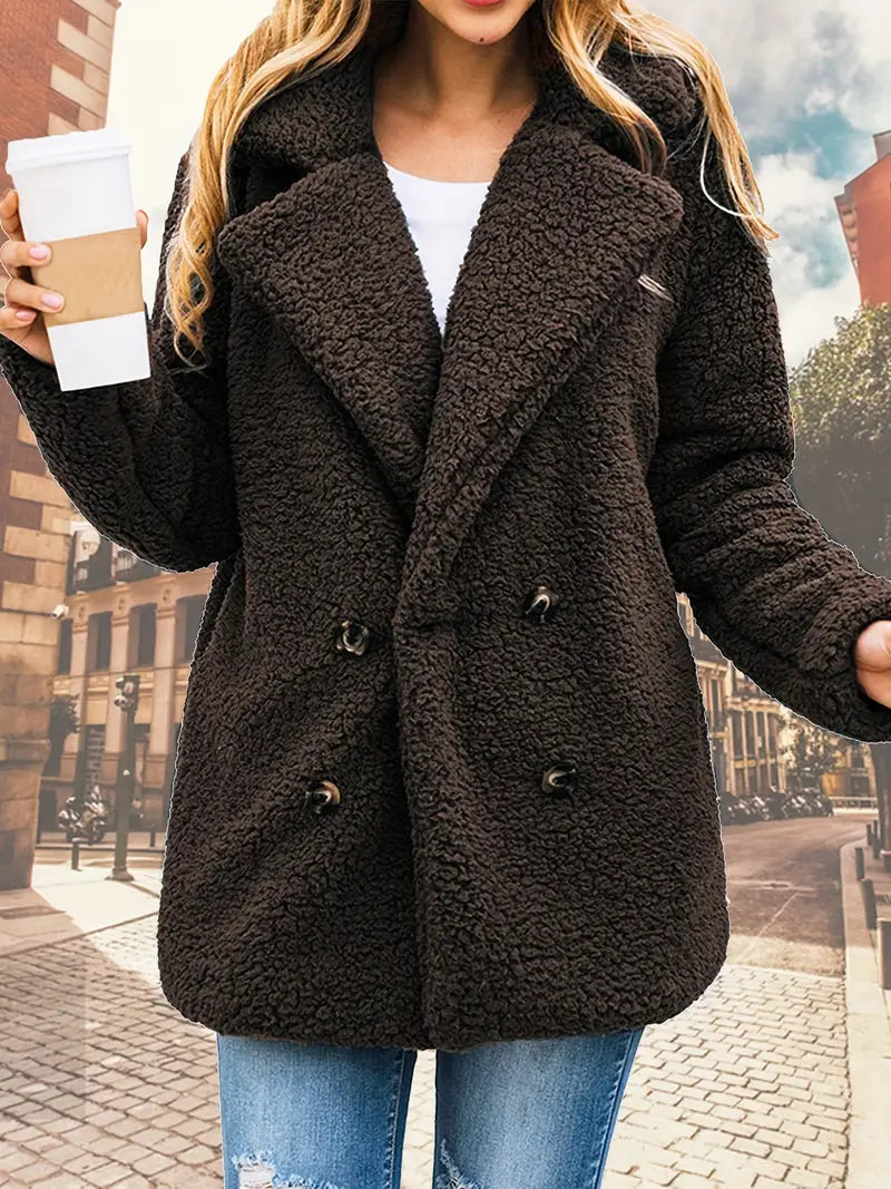 Damska Pluszowa Kurtka Teddy z Kołnierzem i Guzikami