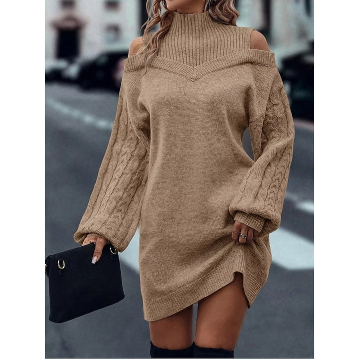 Winifred | Sweter Sukienka z Golfem i Odkrytymi Ramionami