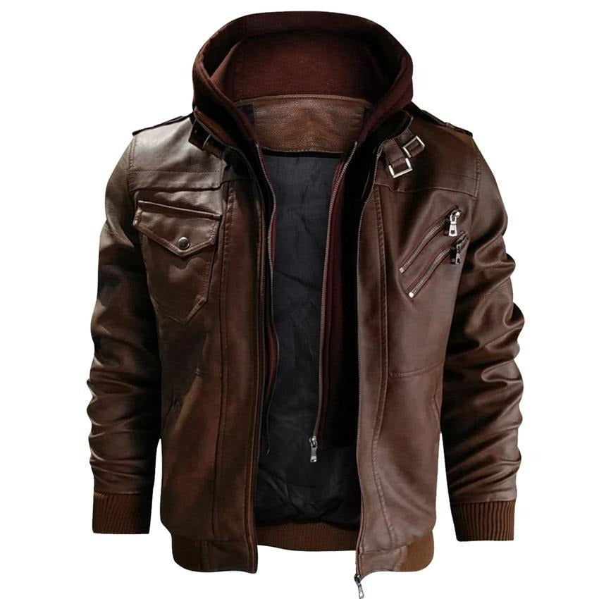 Męski Hooded Ekoskóra Kurtka