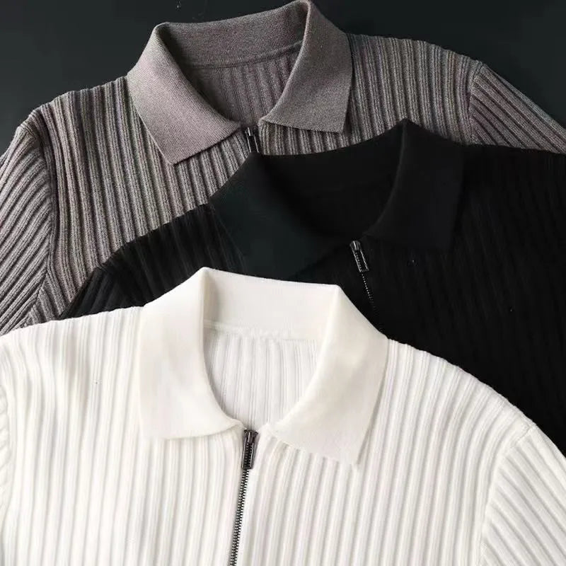 Męski Sweter Polo z Zamkiem Ściągany Kołnierzyk