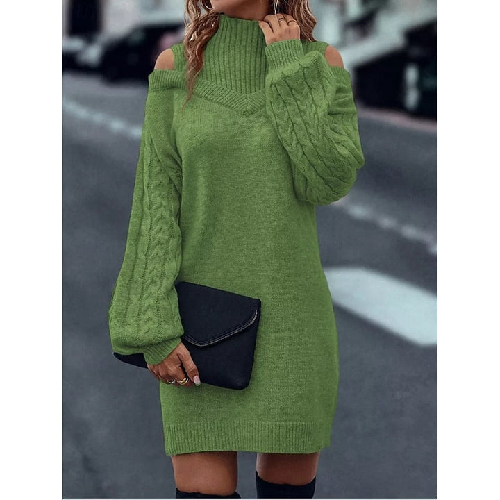 Winifred | Sweter Sukienka z Golfem i Odkrytymi Ramionami