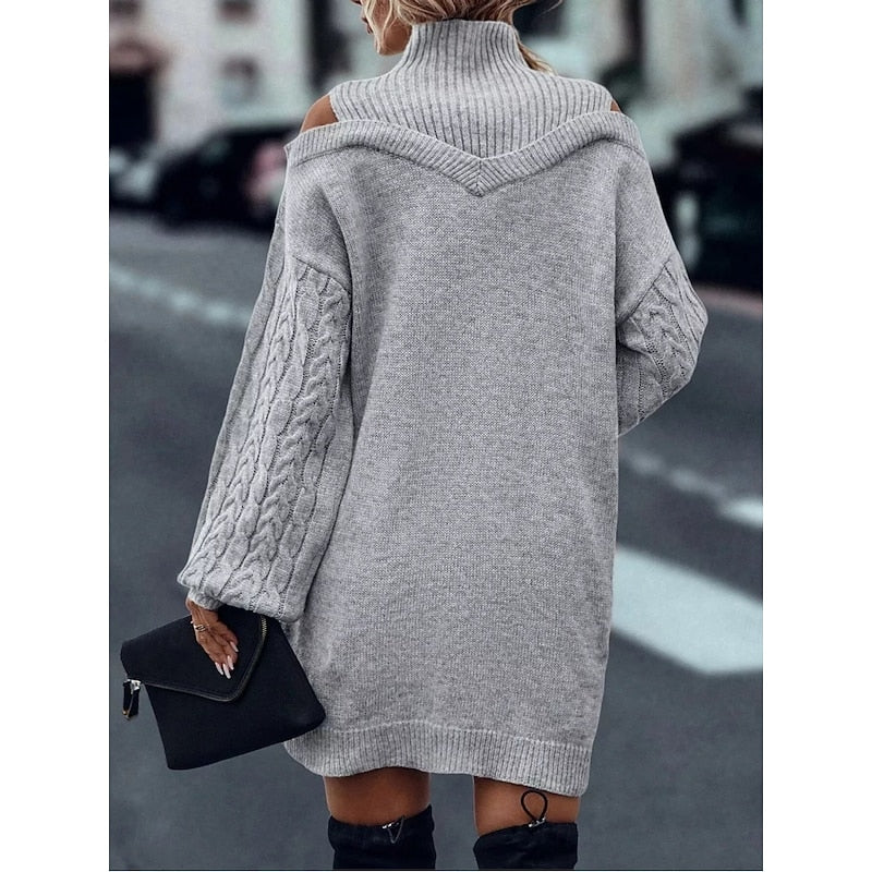 Winifred | Sweter Sukienka z Golfem i Odkrytymi Ramionami