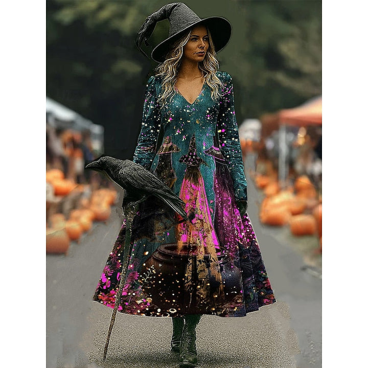Maren | Halloween Heks Nadruk A-Lijn Maxi Sukienka