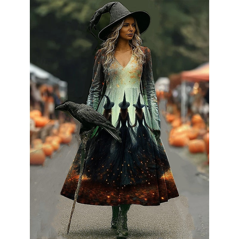 Maren | Halloween Heks Nadruk A-Lijn Maxi Sukienka