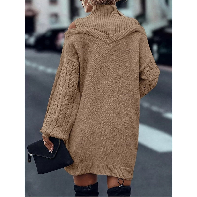 Winifred | Sweter Sukienka z Golfem i Odkrytymi Ramionami