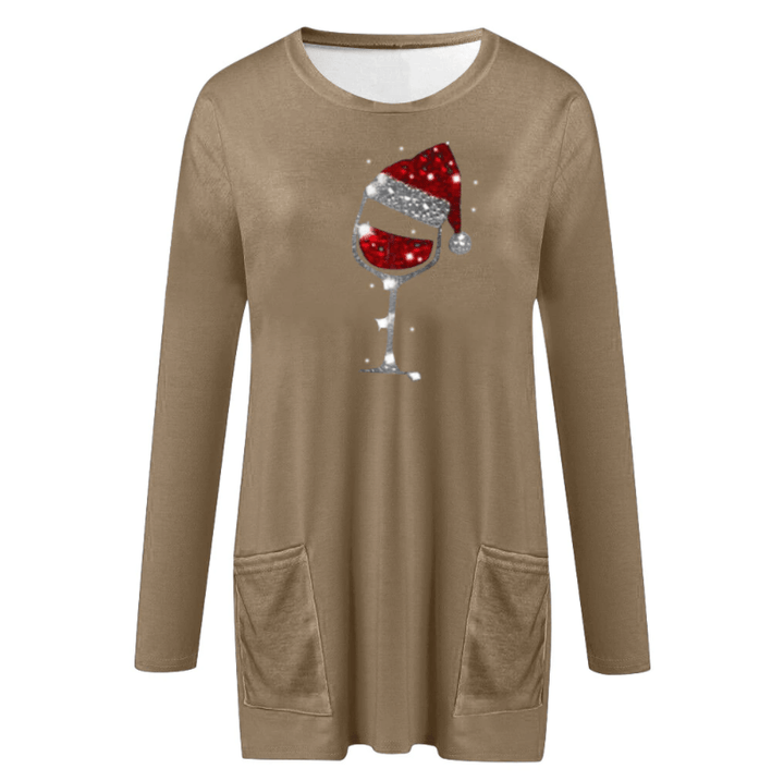 Świąteczna Koszulka z Wzorem Lampki Wina dla Kobiet
