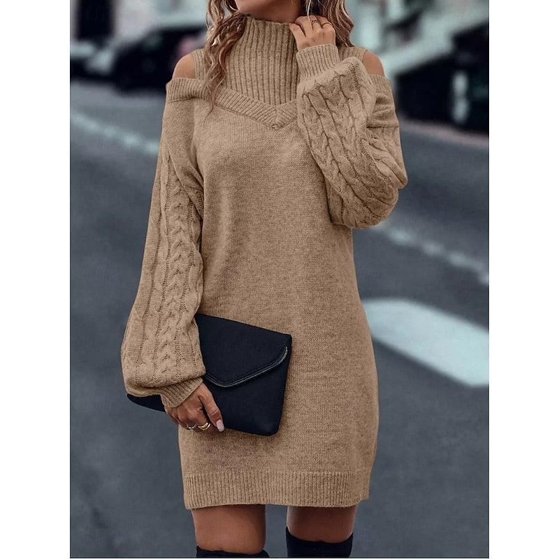 Winifred | Sweter Sukienka z Golfem i Odkrytymi Ramionami